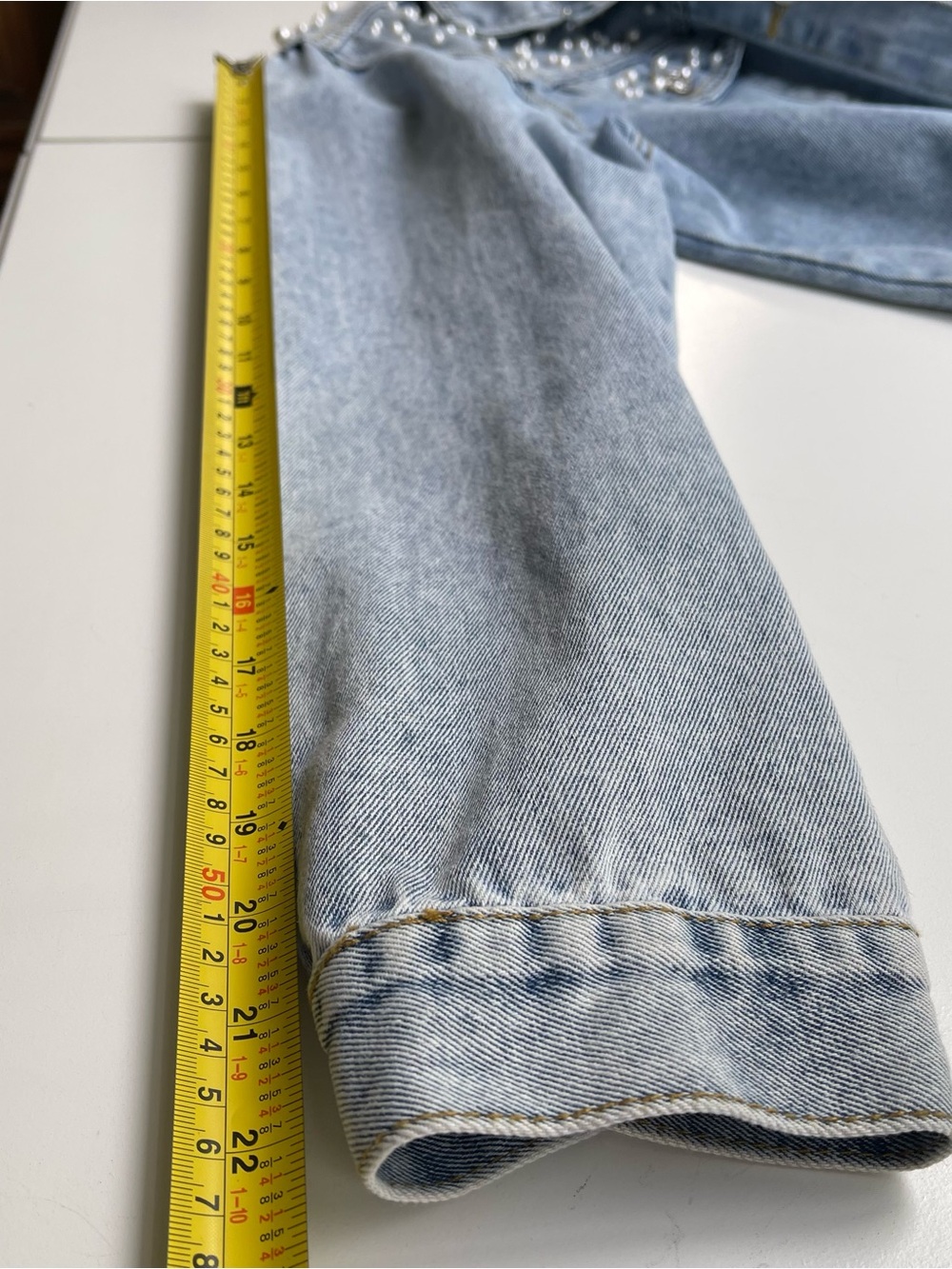 Denim Pearl Embellished Jean Jacket Chest Pockets Stone Washed Light Blue XL - Picture 12 of 13
